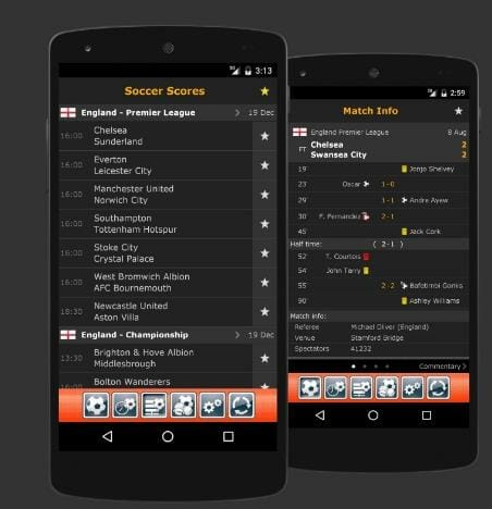 Mobile screenshots of LiveScore's Soccer Scores and Match Info