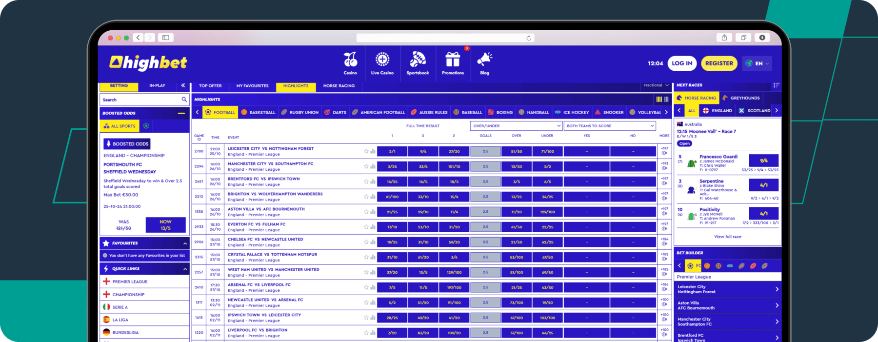 screenshot showing highbet pre-match offer